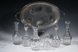 (6) CRYSTAL DECANTERS & (1) SILVER-PLATE TRAY