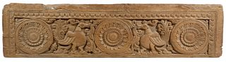 EARLY INDIAN CARVED ARCHITECTURAL PANEL WITH ROSETTES AND ROOSTERS