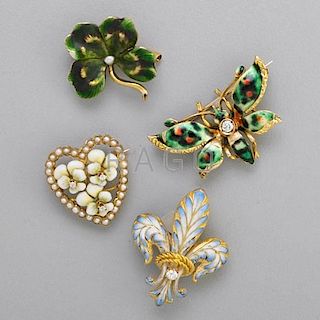 FOUR AMERICAN BELLE EPOQUE ENAMELED GOLD BROOCHES