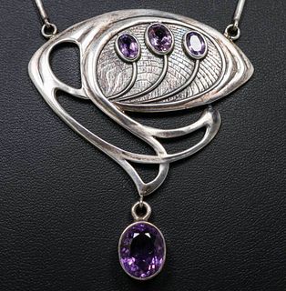 Art Nouveau Sterling Silver Faceted Amethyst Necklace