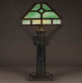 Arts & Crafts Oak & Slag Glass Lamp c1910