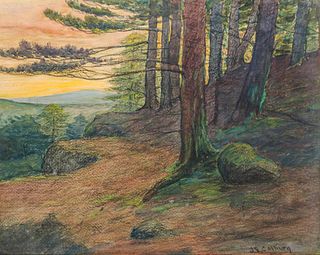 Joseph Elliott Colburn Sunset Pine Trees Pastel c1910