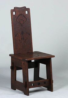Arts & Crafts Pyrography Carved Chair c1905