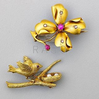 TWO NATURALISTIC GOLD AND RUBY BROOCHES