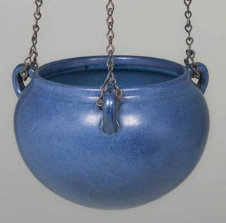 Marblehead Pottery Matte Blue Hanging Basket c1910s
