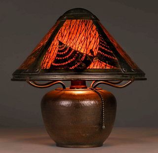 Dirk van Erp Hammered Copper & Stenciled Mica Lamp