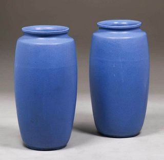 Pair Teco Pottery Matte Blue Garden Urns c1910