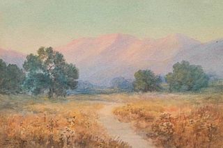 California Watercolor Oak Trees & Mountains c1910