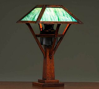 W.B. Brown Oak & Slag Glass Lamp c1910