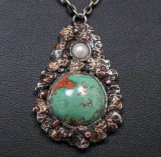 Arts & Crafts Mixed Metal Turquoise & Pearl Pendant