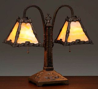 Arts & Crafts Iron & Slag Glass Lamp c1910s