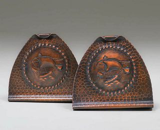 Roycroft Hammered Copper Galleon Ship Bookends c1920s