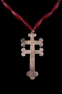 Silver Trade Cross of Lorraine Red Beaded Necklace