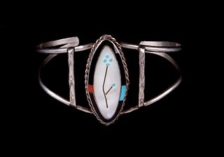 Zuni Turquoise & Mother of Pearl Silver Bracelet