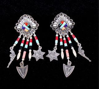 Navajo Inlaid & Signed QT Sterling Silver Earrings