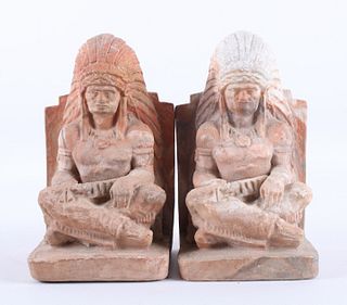 Pair of Native American Indian Chief Clay Bookends
