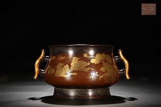 Ming Dynasty, Carved Gilded Mandarin Ducks Pattern Gilded Bronze Burner