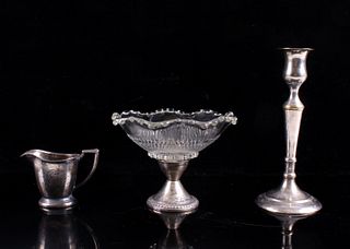 Sterling Silver Glass Bowl, Creamer & Candlestick