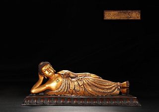 Ming Dynasty, Gilded Bronze Reclining Buddha Ornament