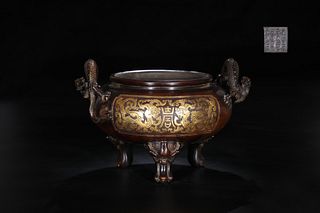 Ming Dynasty, Carved Gilded Gragon Pattern Bronze Burner