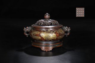 Ming Dynasty, Carved Gilded Lotus Pond Bronze Burner