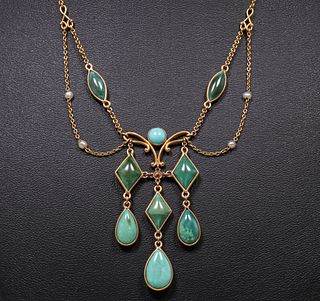 Boston A&C 14k Gold, Jade & Turquoise Necklace c1905