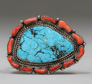 Large Navajo Sterling Silver Turquoise & Coral Brooch