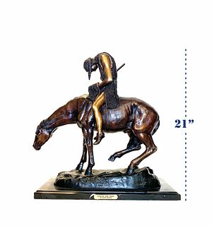 Large Patina-ted Bronze Man on A Horse, H 21"