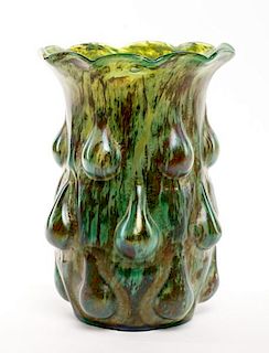 Iridized Green & Brown "Blown Out" Ruffled Vase