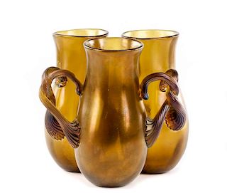 Unusual Gold Iridized Entwined Trio of Vases
