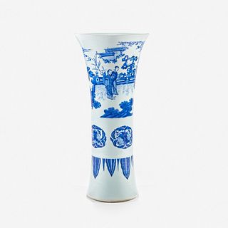 A large finely-decorated Chinese blue and white porcelain "Romance of the Western Chamber" gu-form beaker vase