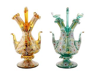 Set of 2 Handled & Dual Spouted Glass Decanters