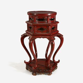 A Chinese or Japanese red lacquered Ming-style hexagonal incense stand