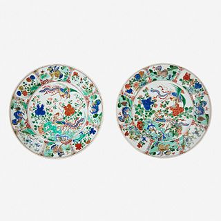 Two similar Chinese famille verte-decorated porcelain “Phoenix and Peony” dishes Kangxi six-character marks and of the period