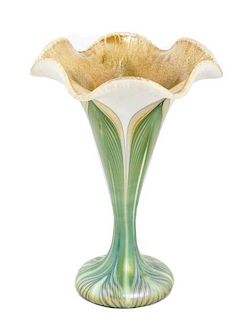 Quezal Iridescent Pull Feather Trumpet Vase