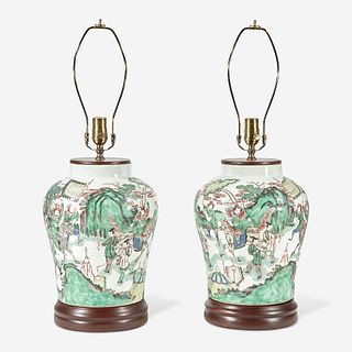 A pair of Chinese famille verte-decorated porcelain jars mounted as lamps the porcelain probably 19th Century