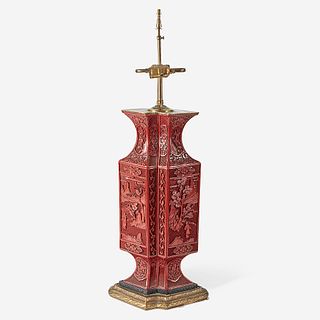 A Chinese carved cinnabar lacquer double vase, mounted as lamp the lacquer 19th Century or later