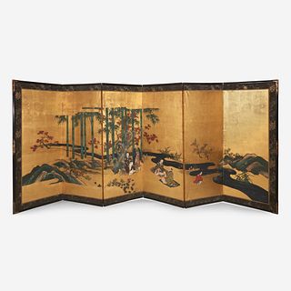 A pair of Japanese six-panel screens: "The Seven Scholars of the Bamboo Grove" Edo-Meiji period