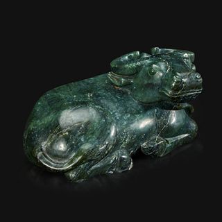 A large Chinese spinach jade recumbent water buffalo