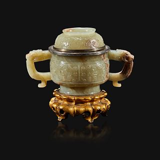 A Chinese pale celadon and brown jade censer and cover, mounts by Edward I. Farmer, New York the jade late Ming/early Qing Dynasty