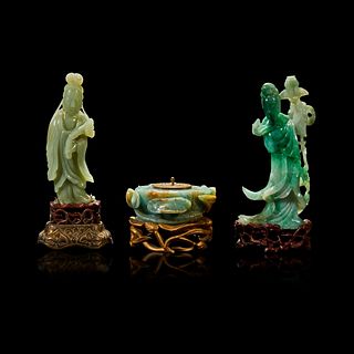A Chinese carved jadeite meiren, a carved celadon jade meiren, and a carved jadeite lotus pod-form inkwell