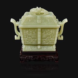 A Chinese carved pale celadon jade censer and cover, Fang Ding