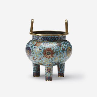 A Chinese cloisonné enamel tripod censer Qianlong mark and possibly of the period