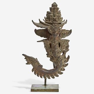 A Khmer bronze palanquin hook with later stand The hook 12th/13th Century