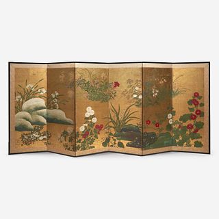 A Japanese six panel folding screen 18th Century, Rimpa Style