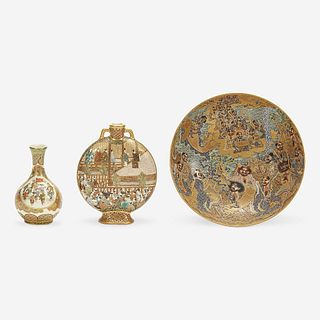 Three small Japanese Satsuma-type enameled pottery cabinet pieces Meiji period