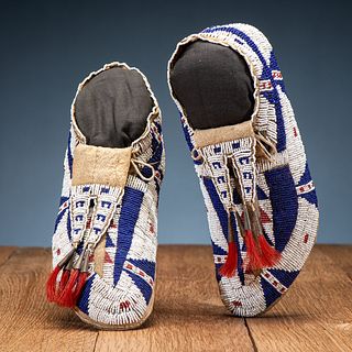 Sioux Beaded Hide Moccasins, with Bifurcated Tongues