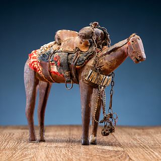 Carved Wooden Toy Horse, with Tack
