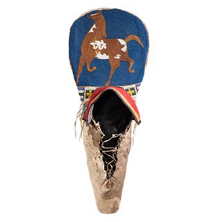 Plateau Child's Beaded Hide Cradleboard, with Pinto Horse