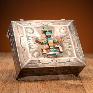 Navajo Stamped Silver Box, with Zuni Mosaic Inlay Knifewing